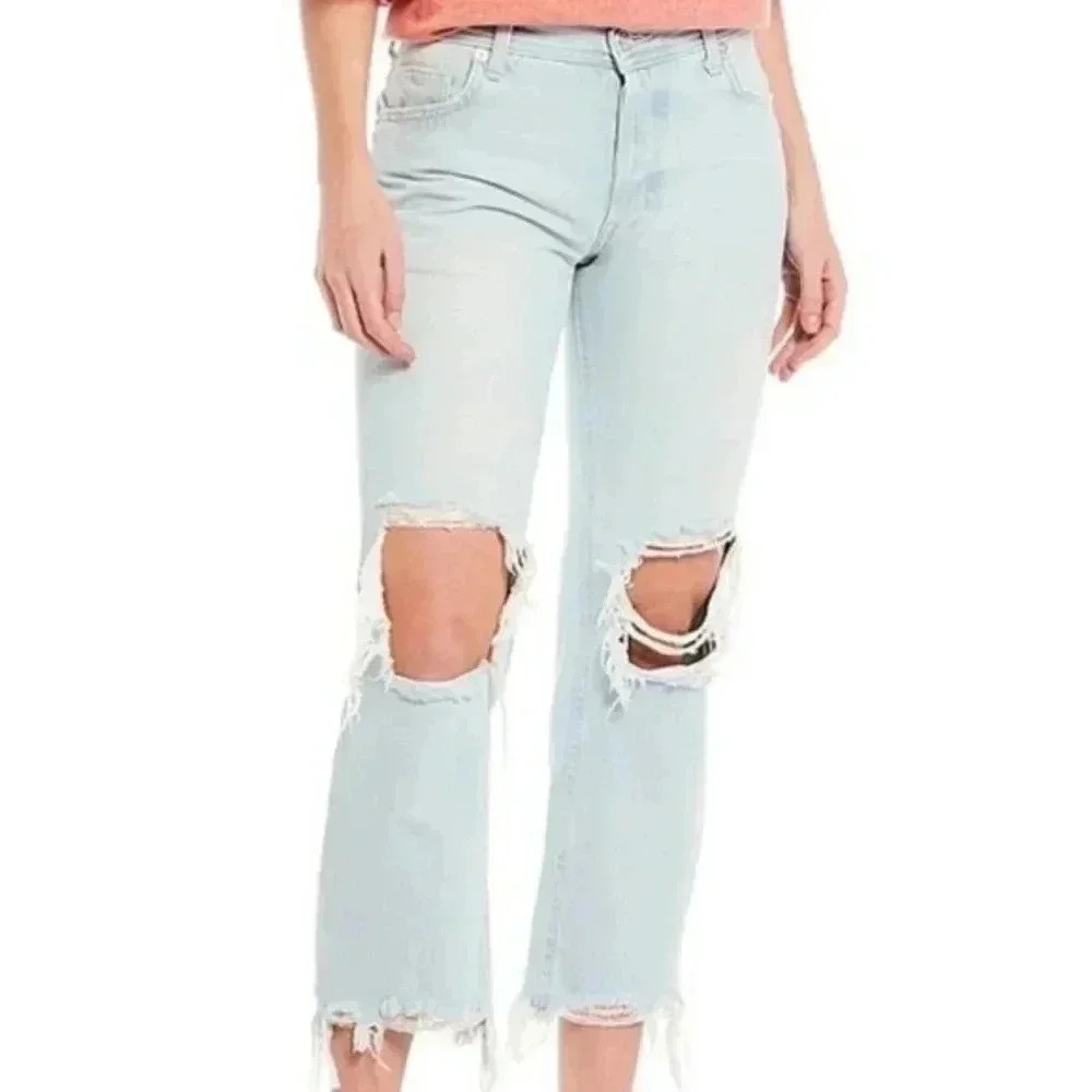 5/$100 Free People Maggie Straight Leg Mid Rise Distressed Denim Jeans Paradise